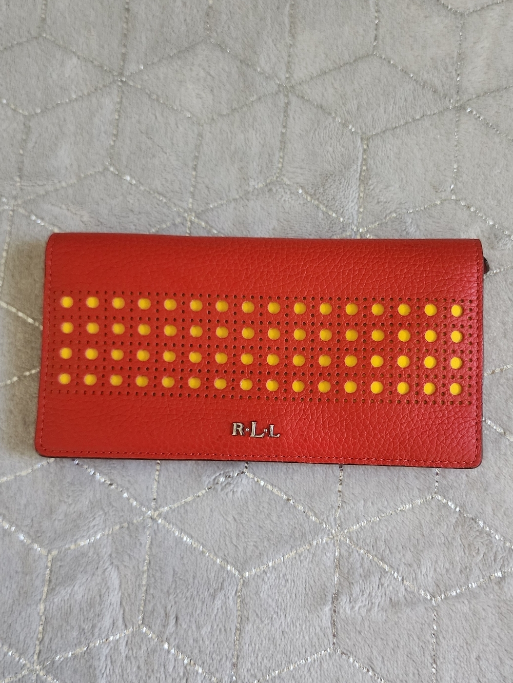 LAUREN RALPH LAUREN | Red Perforated Zip Wallet with Yellow Underley